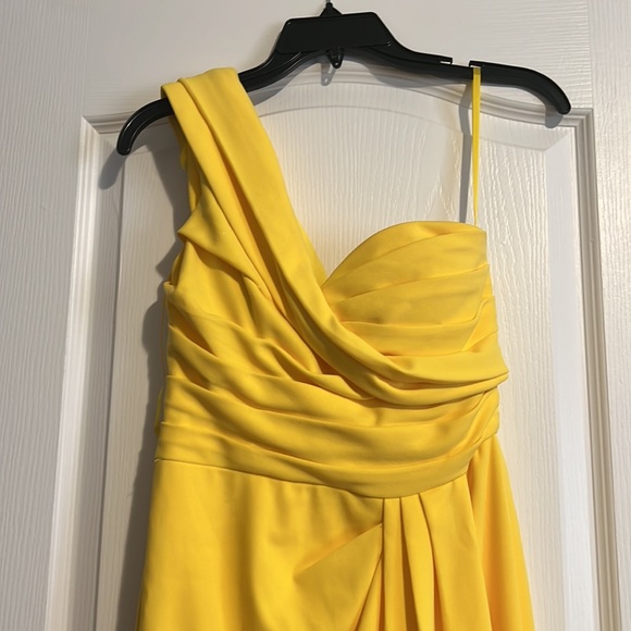 Melanie Lynn Yellow Ballgown one shoulder floor length dress - Picture 3 of 8